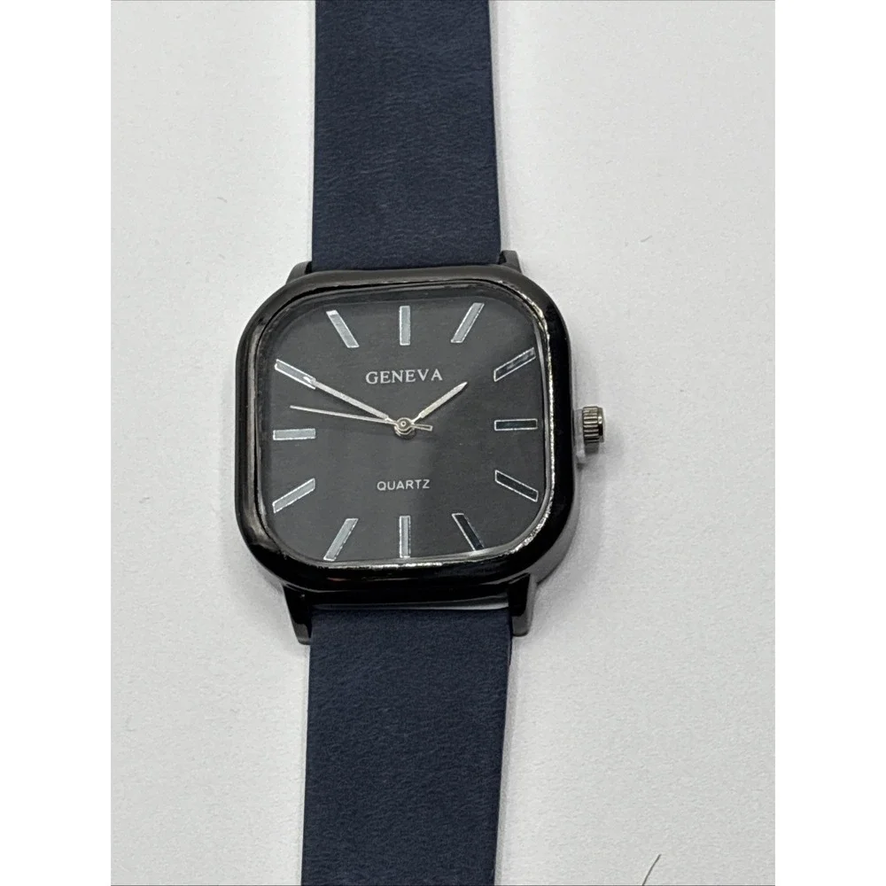 Geneva Quartz Men's Watch Square‎ With Navy Blue Band New Outside Box
